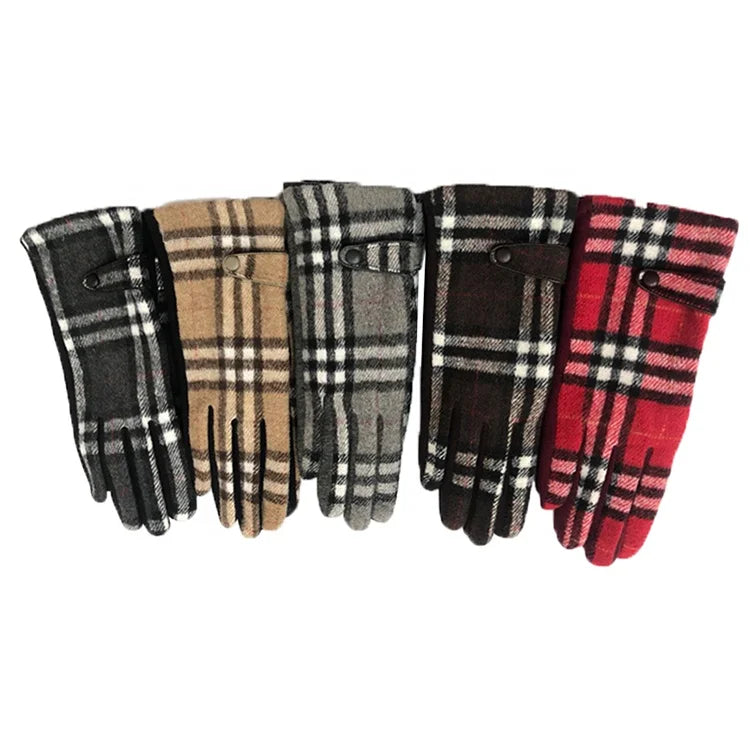 Plaid Winter Warm Touch Screen Buckle Outdoor Fashion Gloves