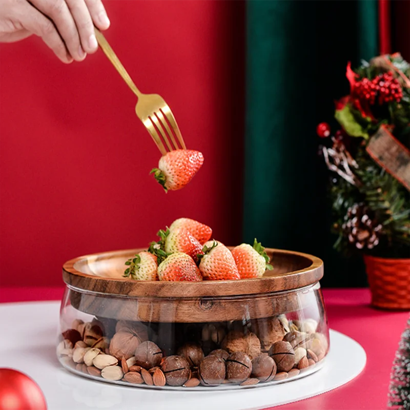 Acacia Wood Japanese Nut Fruit Bowl Candy Bowl Modern Living Room End Table Double Glass Family Nut Fruit Plate