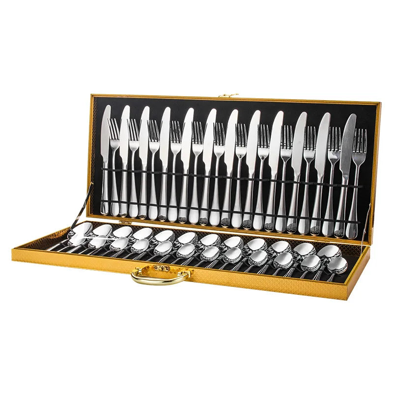 Custom Durable Spoon Fork Silverware Hotel Wedding Premium 48pcs Cutlery With Wooden Gift Box Luxury Flatware Sets