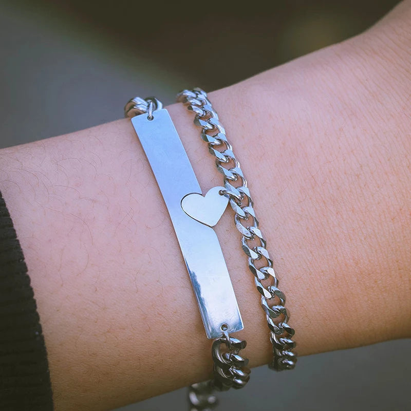 2pcs/set Cuban Chain Matching Bracelets for Couples Stainless Steel Laser Engraving Blank Heart Bar Couple Bracelets for Lovers