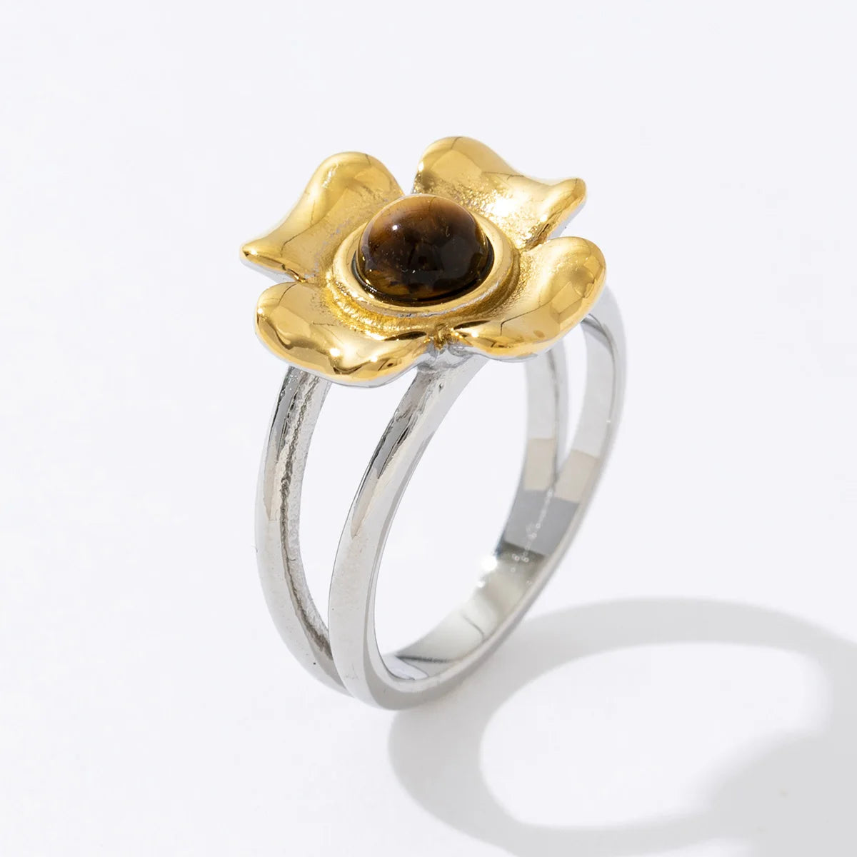 Fashion Women Jewelry Tiger Eye Stone Gold Silver Plated Flower Waterproof 18K Ring 2025