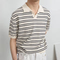 2024 Summer Men's Trendy Short-Sleeved for Polo Shirt New V-Neck Ice Silk Striped All-Match Simple Fashion Lapel T-Shirt Knitted