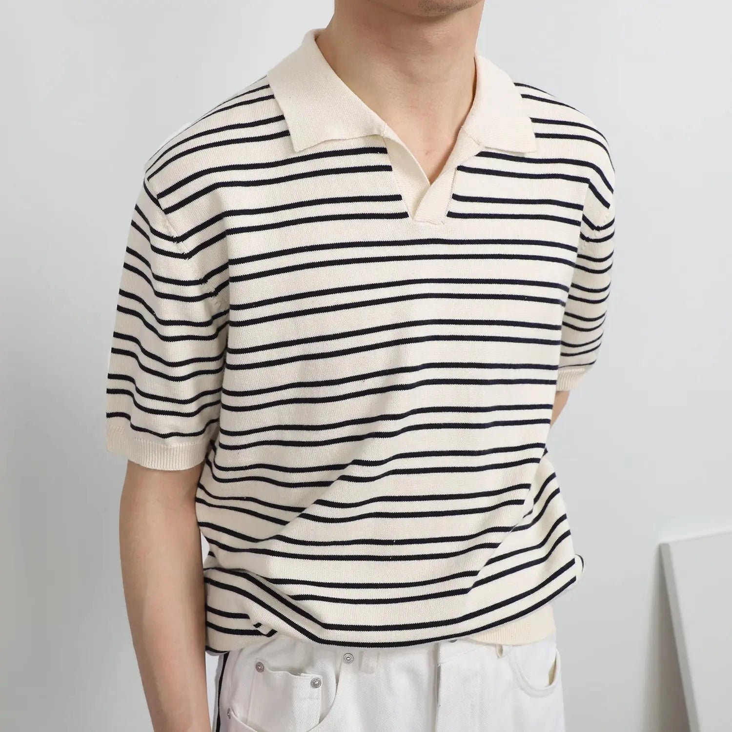 2024 Summer Men's Trendy Short-Sleeved for Polo Shirt New V-Neck Ice Silk Striped All-Match Simple Fashion Lapel T-Shirt Knitted