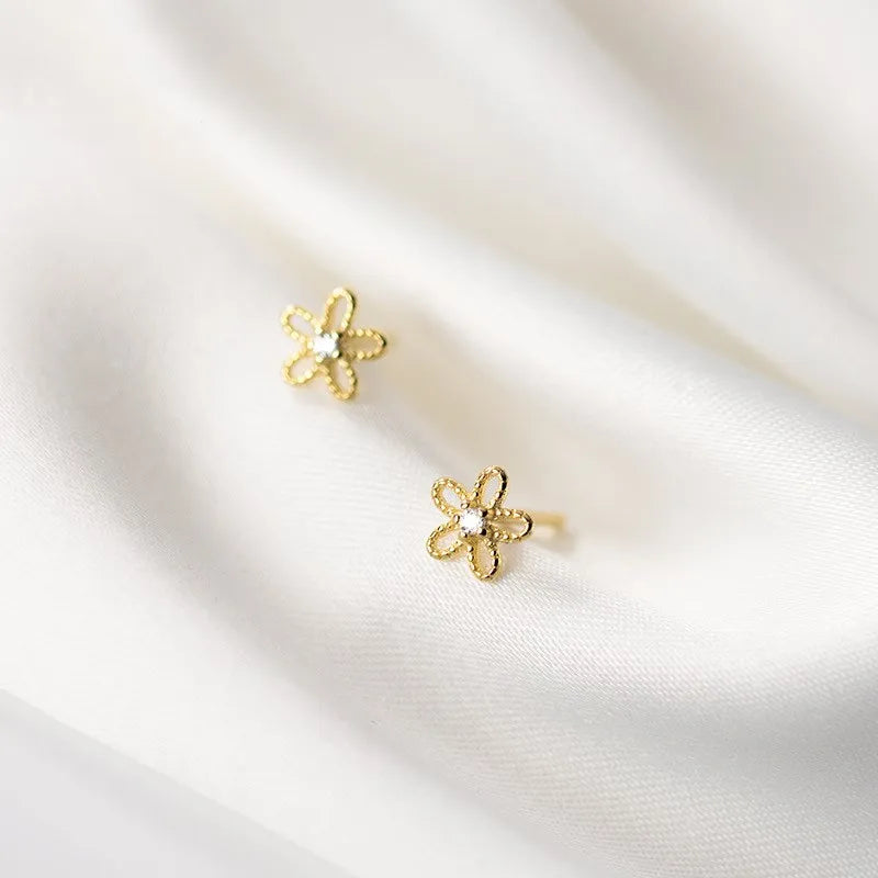 925 Sterling Silver Small Flower Shape Gold Plated Zircon Ear Studs Earrings Fashion Jewelry for Women Girls