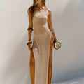 2024 New High Slit Suspender Beautiful Back Knitted Dress Beach Vacation Long Coverups