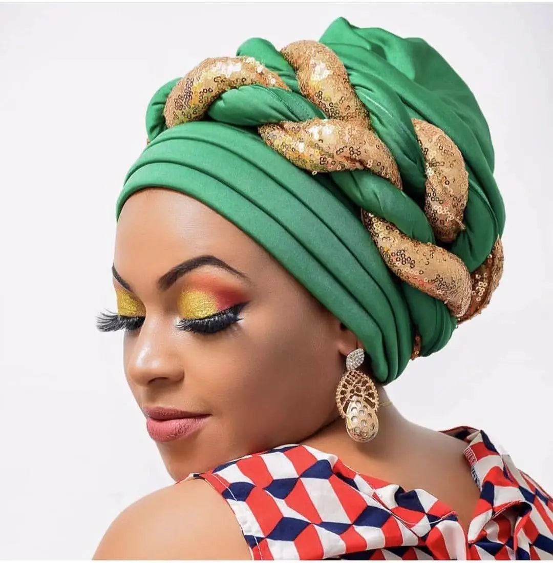 African Shinning Sequins Turban Cap Head Wraps Muslim Turbans Hat Cap Hijab for Women