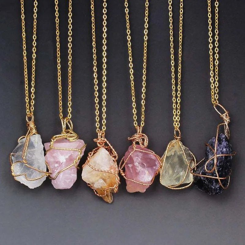Handmade Wire Wrap Agate Gemstone Necklace Irregular Multicolor Natural Stone Crystal Pendant Necklace