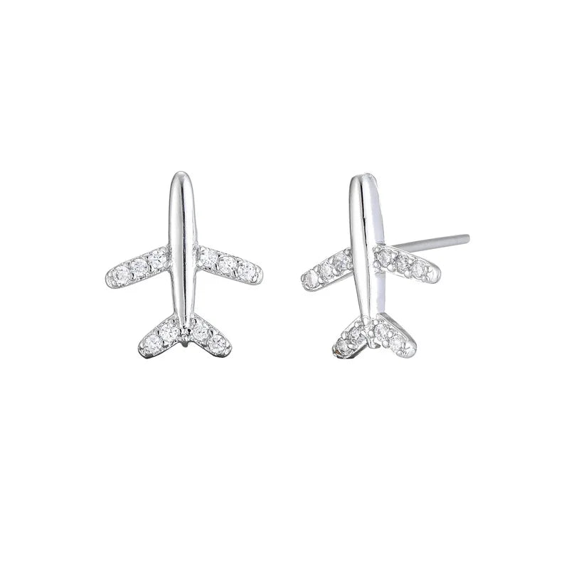 925 Sterling Silver Small Cute Airplane Earring Sweet Girl Delicate Diamond Ins Design Earring