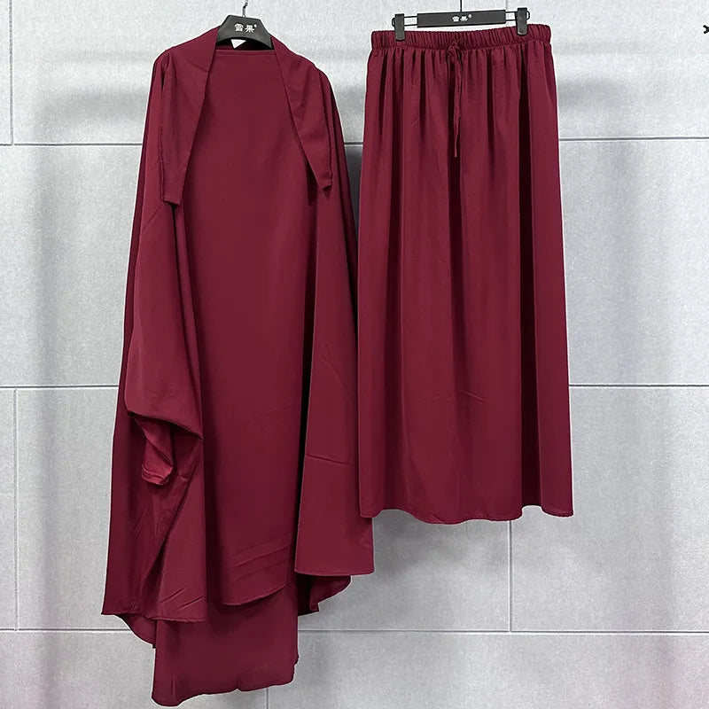 Muslim Islamic Women's Full Cover Two Pieces Long Khimar Skirt Abaya Dubai Kaftan With Hijab Modest Full Length Prayer Dress