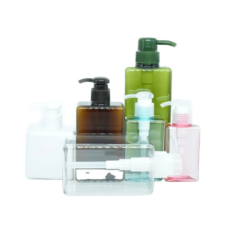 Plastic PETG Pink Blue Amber White Plastic Bottle with Pump 150ml 250ml Transparent Square Bottle with Black Plastic Pump Head