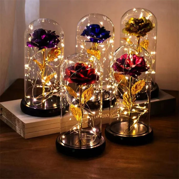 Cheap Price Red Gold Foil Rose Galaxy Rose Flower Valentine's Day Gift Gold Foil Rose in Glass Dome
