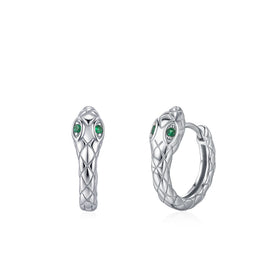 Hip Hop Cool Style Animal Earrings S925 Sterling Silver Rhodium Plated Emerald Snake Shaped Hoop Earrings for Women