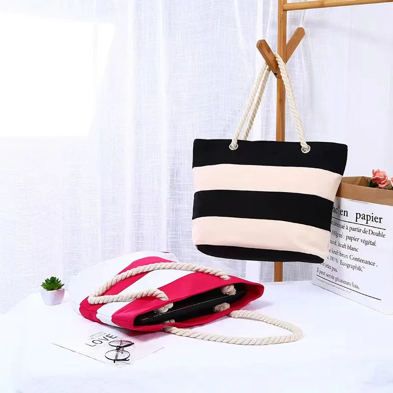 New Two-layer Splicing Rope Handling Handbag Horizontal 46*32*14cm Large Capacity Beach Tote Bag Laptop