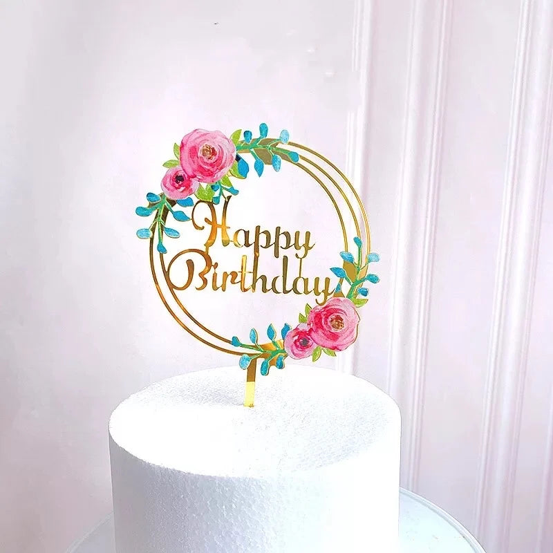 Printed Colorful Flowers Acrylic Popular Premium Lucite Laser Cut Party Happy Birthday Wedding Day Cake Topper Decoration
