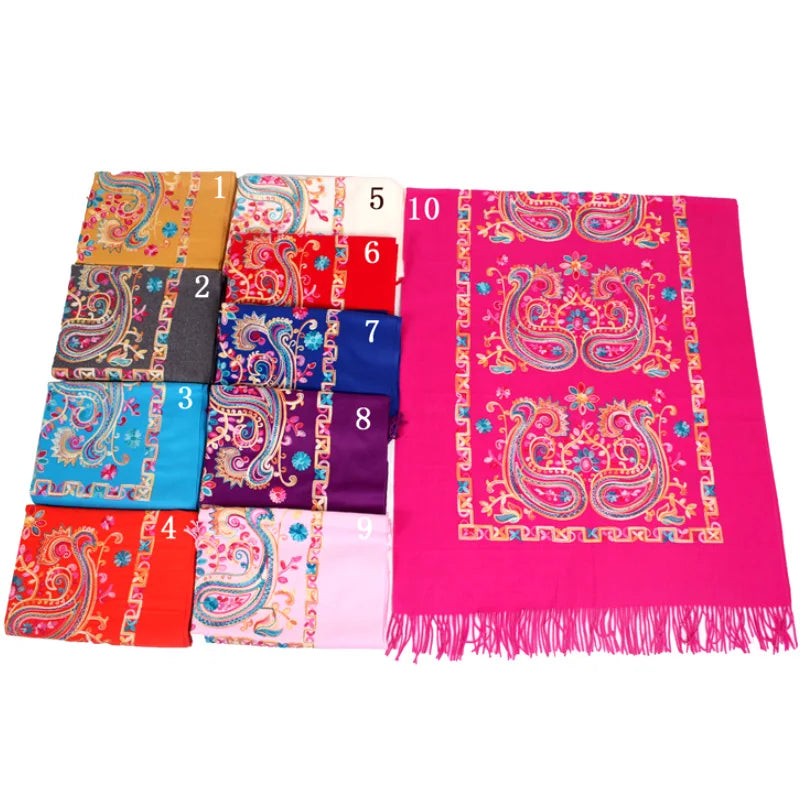Winter Warm Double-sided Embroidery Scarf Embroidery Lengthened Ethnic Style Pashmina Shawl