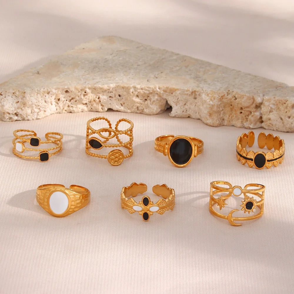 Drop Ship Tarnish Free 18K Gold Plated Adjustable Stainless Steel Rings Set Enamel French Rings