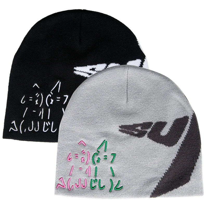 Custom Skully Y2K Knitted Embroider Beanie Cap Jacquard Logo Winter Hat