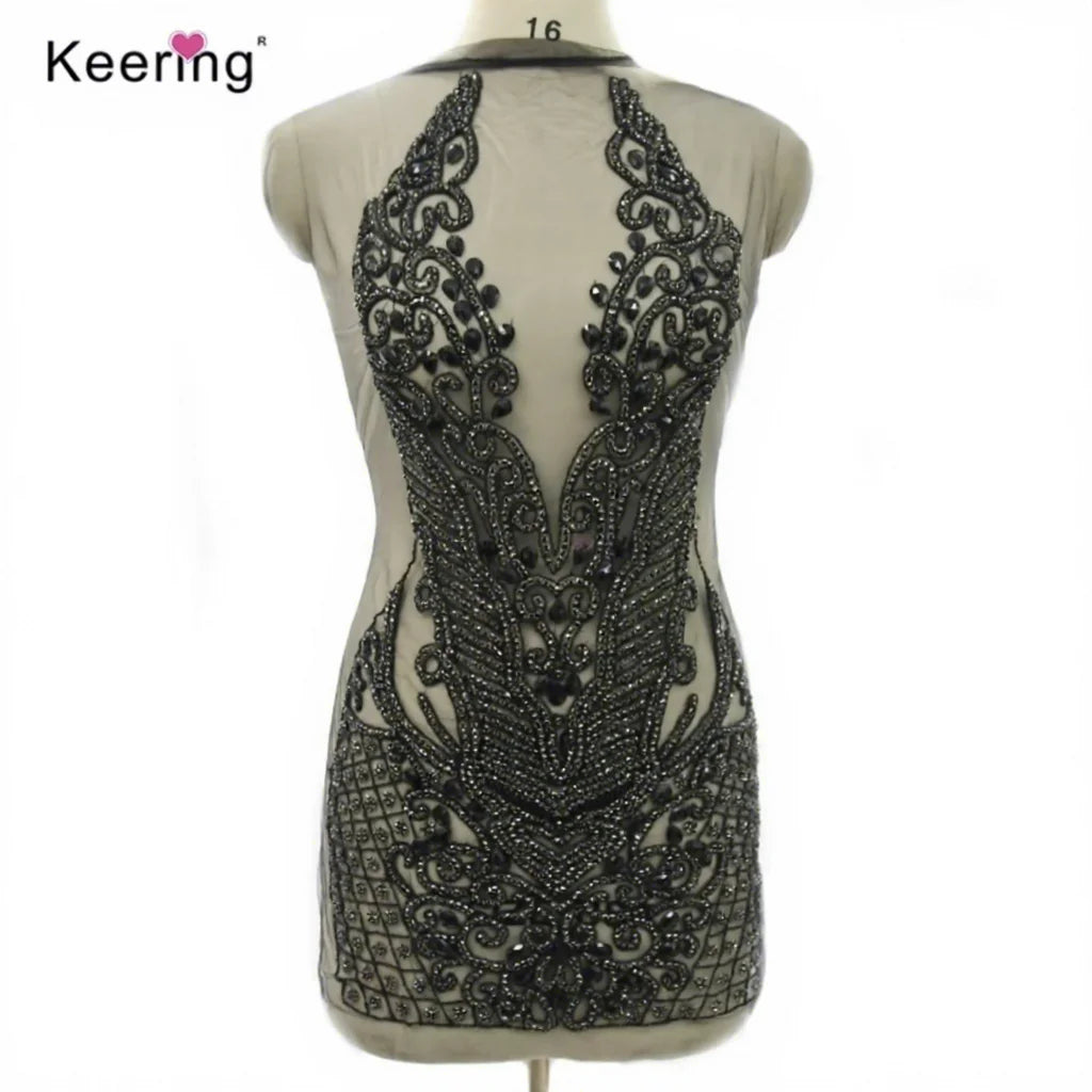 WDP-395 Keering 2023 Girls Luxe Crystal Gold Black Rose Gold Panel Rhinestone Appliques for Wedding Dresses