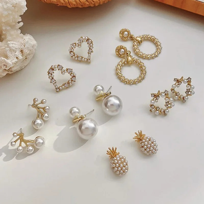 OEM Vintage Geometric Earrings Set Elegant Jewelry Flower Heart Circle Pearl Earrings Set for Women