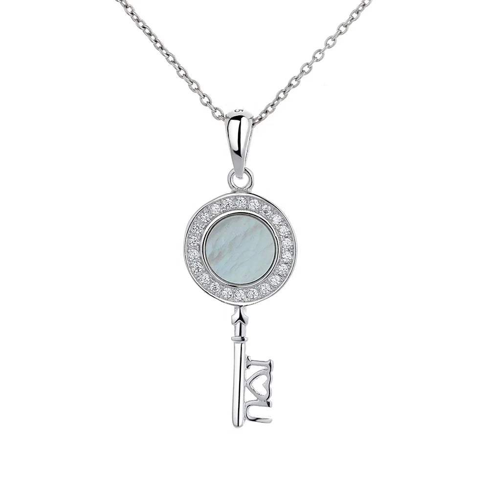 Engagement Charms Crystal Abalone Shellfish Key Pendant 925 Sterling Silver Necklace