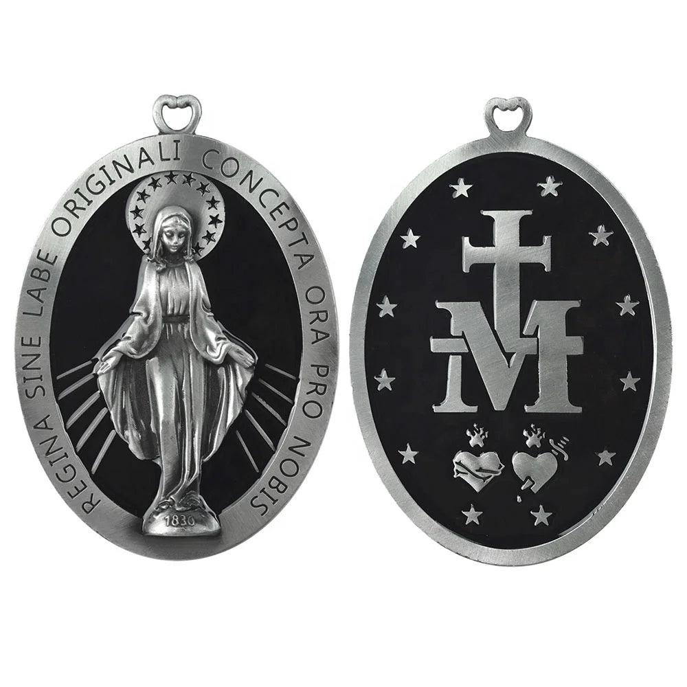Catholic Virgin Mary Medal Large 135*95mm Our Lady of Grace Oval Pendant Gold Plated Alloy Religious Jewelry Diamond Main Stone