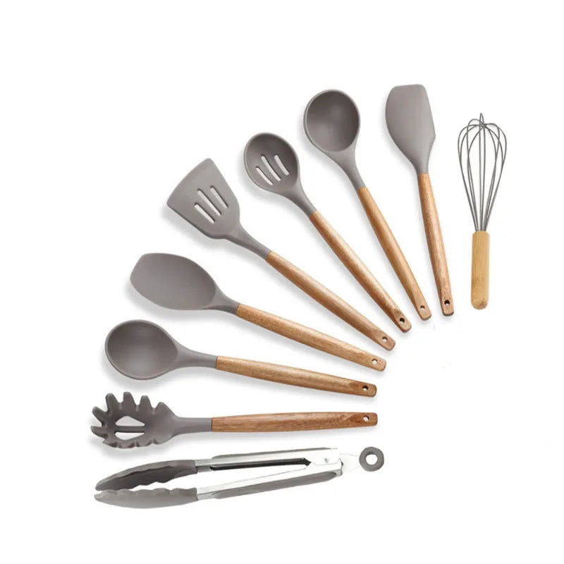 Wholesale 12 Pcs Premium Quality Silicone Wooden Handle Kitchen Cooking Utensils Set