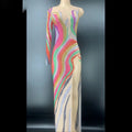 Sparkly Multi-color Rhinestones Long Dress Birthday Celebrate One Sleeve Transparent Dress Women Dancer Dresses