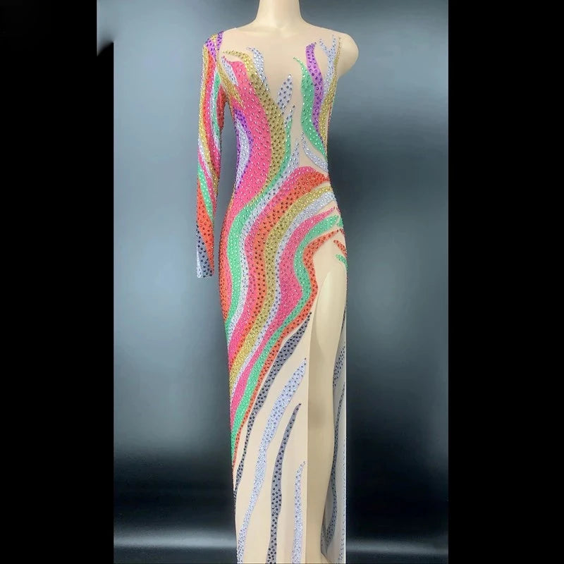 Sparkly Multi-color Rhinestones Long Dress Birthday Celebrate One Sleeve Transparent Dress Women Dancer Dresses