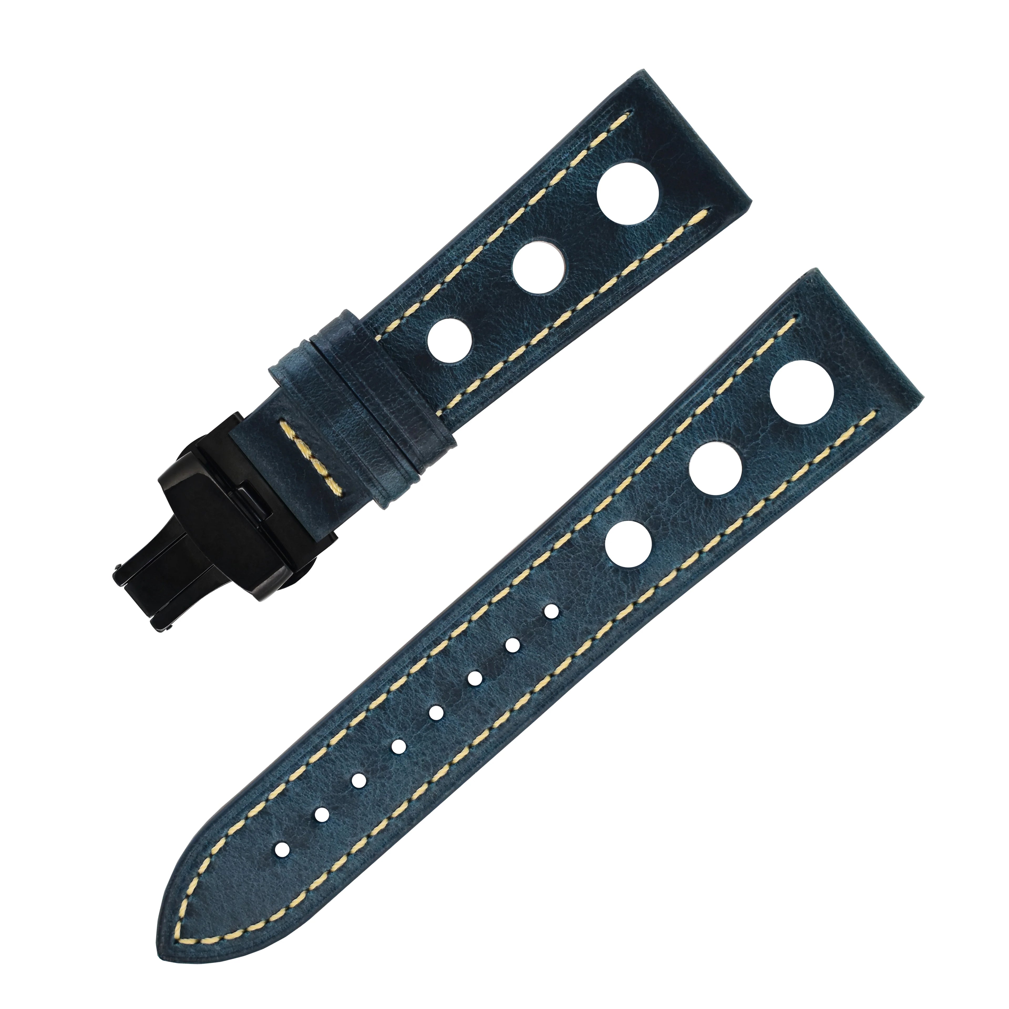 20mm Genuine Black Leather Strap Galaxy Watch Replacement Watch Band with Butterfly Deployment Clasp