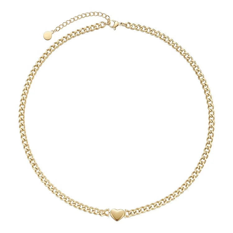 14K Gold Plated Stainless Steel Jewelry Cuban Chain Heart Charm Accessories Necklaces P213274