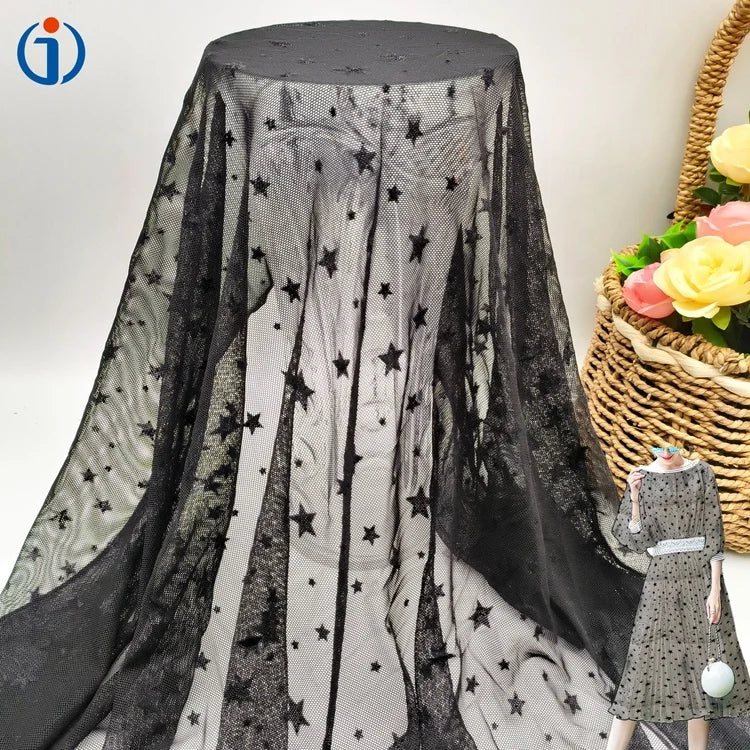 China Manufactures Knitted 95% Polyester 5% Spandex Black Net Six Size Star Design Flocking Mesh Tulle Fabrics for Garment