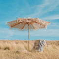 Modern Design Cotton Macrame Outdoor Beach Umbrella with Tassel for Dining Courtyard Gym Hospital Wood Base for Beach Garden Use