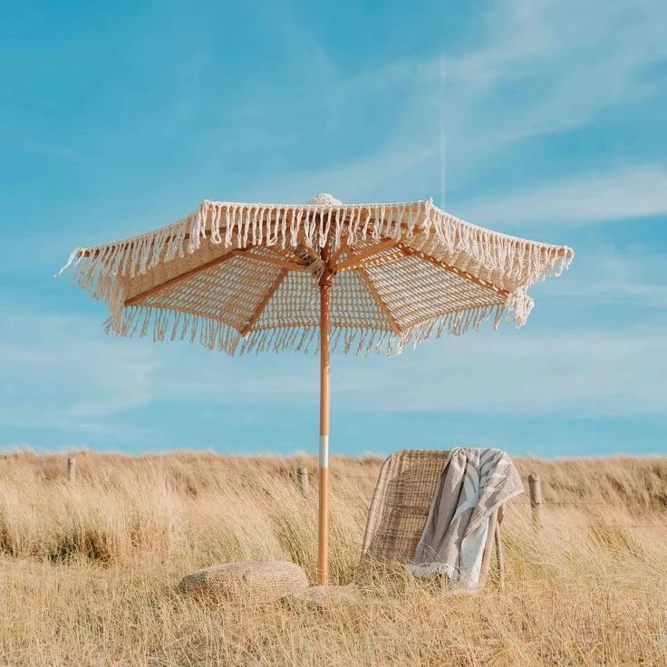 Modern Design Cotton Macrame Outdoor Beach Umbrella with Tassel for Dining Courtyard Gym Hospital Wood Base for Beach Garden Use