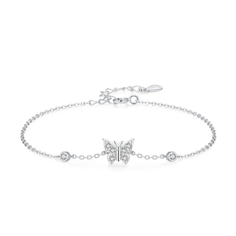 SL1631 925 Sterling Silver Sparkling CZ Charm Butterfly Link Chain Platinum Plated Bracelet for Women Girls Sweet Birthday Gifts