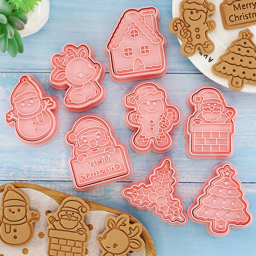 Hot Sale 8-Piece Christmas Cartoon Cookie Mold Set DIY Baking Tools Plastic 3D Press Fondant Cookie Mold for Party Decorations