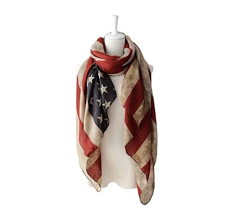 Vintage Classic American Flag Scarf Unisex Fashion Premium Patriotic Red Khaki and Blue Flag Shawl Scarf 4th of July