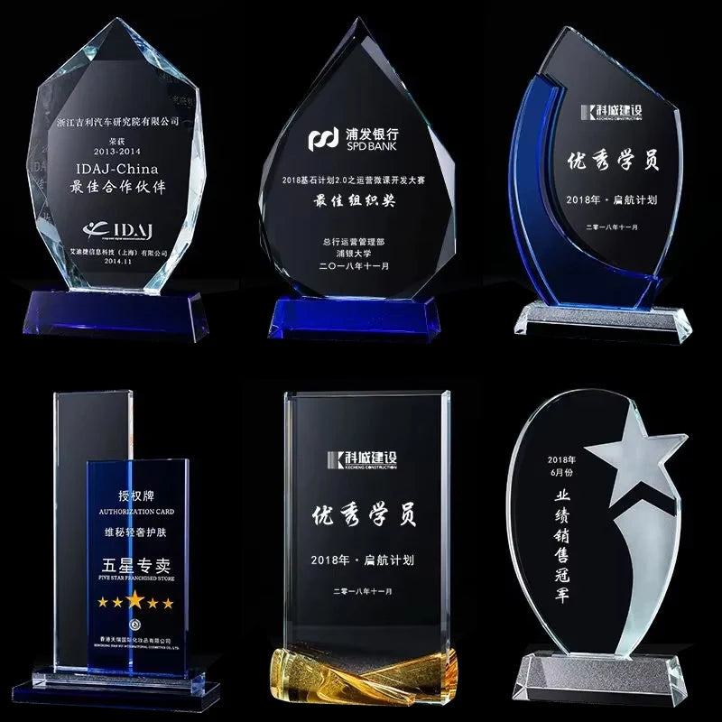 Hotsale YearsCrystal Custom Champions League Glass Crystal Tower-Shaped Trophy with Embossed Printing and Gift Box