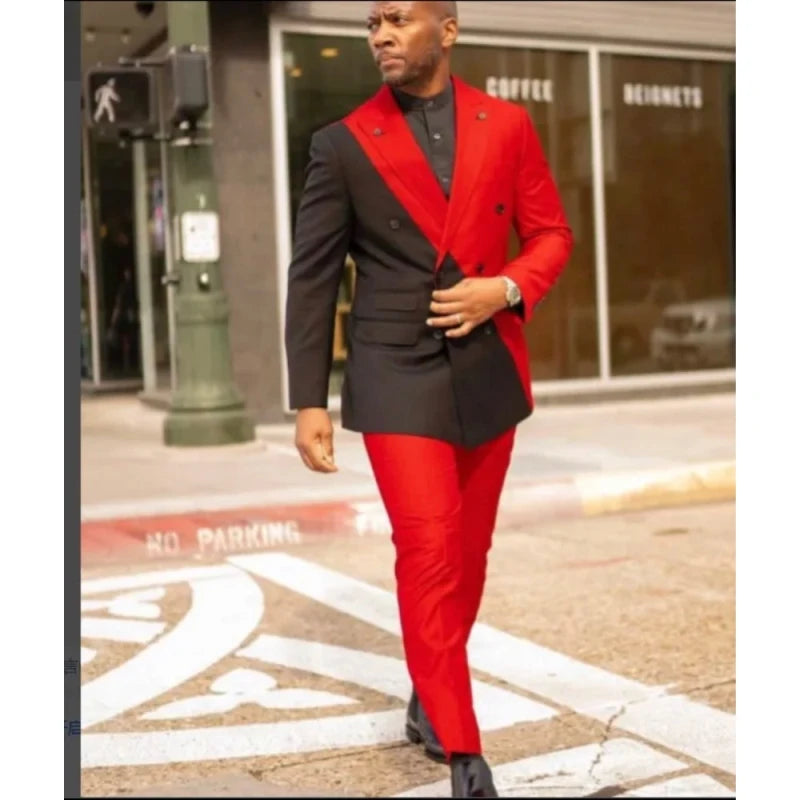 Black Red Patchwork Men Suits Double Breasted Groom Wedding Prom Tuxedos Best Man Custom Made 2 Piece Blazer Sets Jacket+Pants