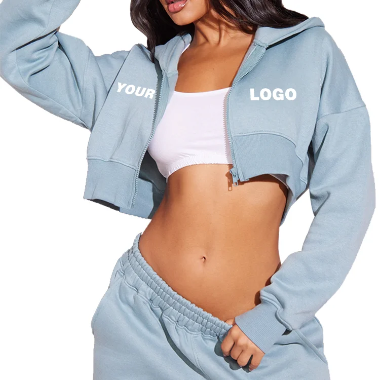 Embroidery Logo New Design Workout Women Long Sleeve Sweater Zipper Cropped Hoodie