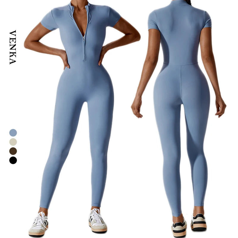 One Piece Gym Clothing Women Front Zipper Short Sleeve Sport Workout Clothing Bodysuits No T Line Dance Yoga Jumpsuit for Female