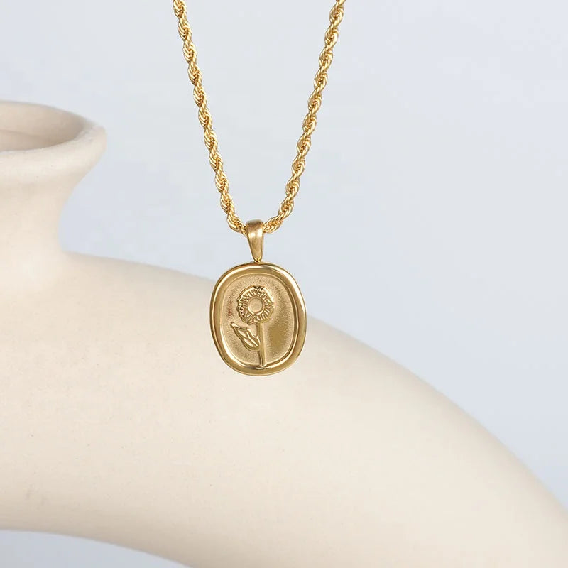 MICCI Fashion Sun Flower Jewelry Designed Rope Chain 18K Gold Plated Stainless Steel Sublimation Oval Sunflower Pendant Necklace