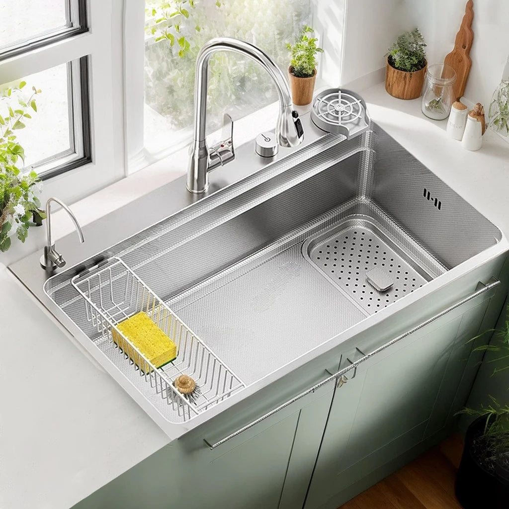 Silver Large Single Slot 304 Stainless Steel Kitchen Sink Multifunction Dishwashing Basin Household Wash Vegetables Bowl