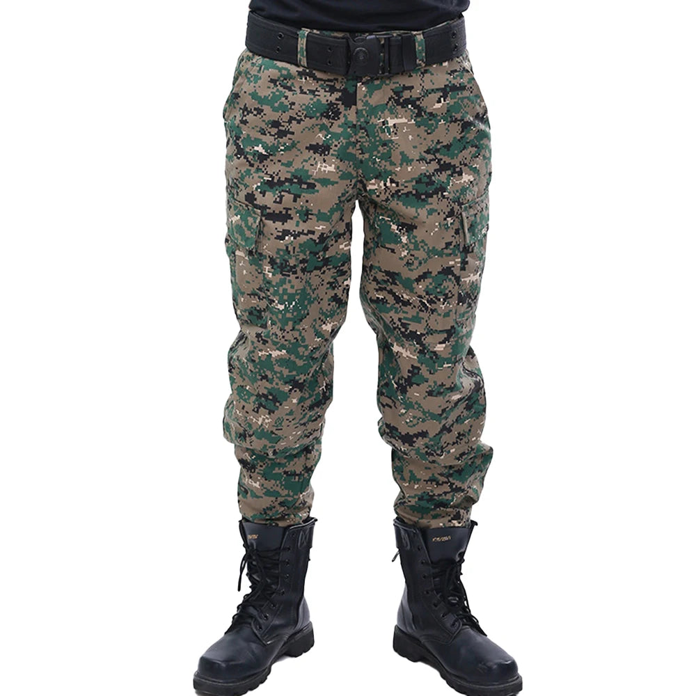 Men's Camouflage Cargo Sports Pants Canvas Fabric Mid Waist Button Fly Outdoor Work with Multiple Pockets Straight Pattern