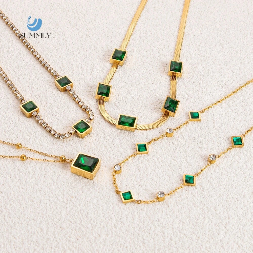 SUMMLY Vintage Emerald Zircon18K Gold Plated Stainless Steel Snake Chain Necklace for Women Fashion Jewelry