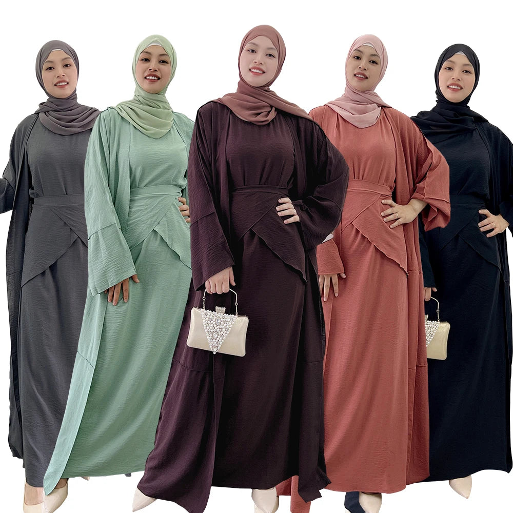 Loriya NEW Islamic Clothing Modest Muslim Abaya Muslim Women Dress Wrinkle Polyester Fashion Abaya 3 Pieces Set