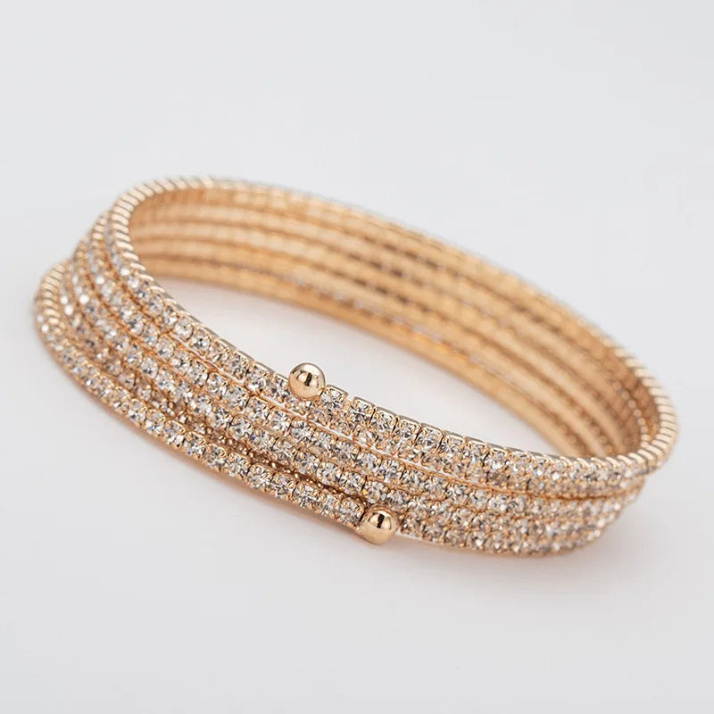 Hot Sale Classic 5-Row Crystal Rhinestone Chain Delicate Silver Plated Metal Wire Bangles Rhodium Plated for Gift Occasions