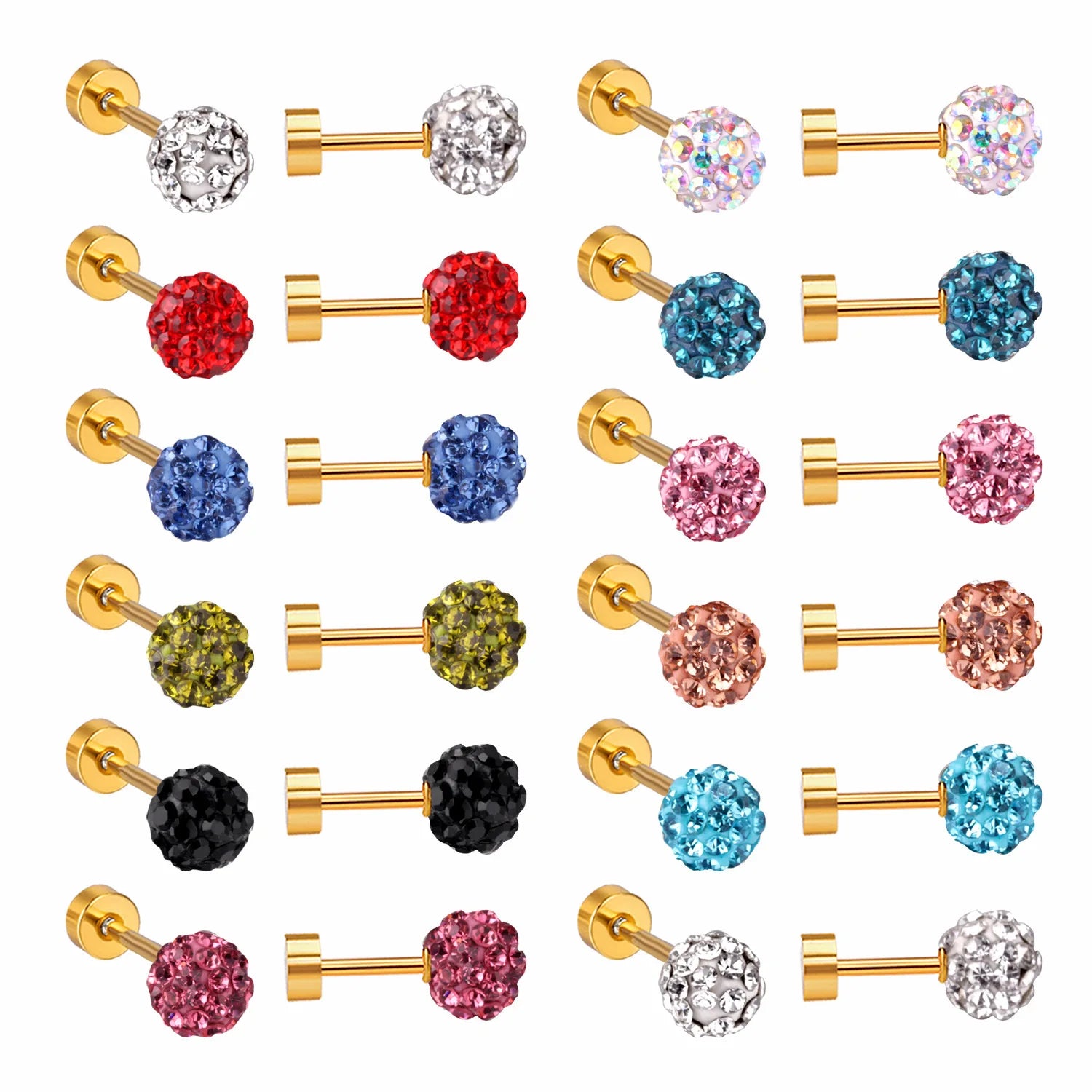 Fashion Mixed Color Zircon Screw Plug Earrings Women's Jewelry Design Crystal Ball Earring