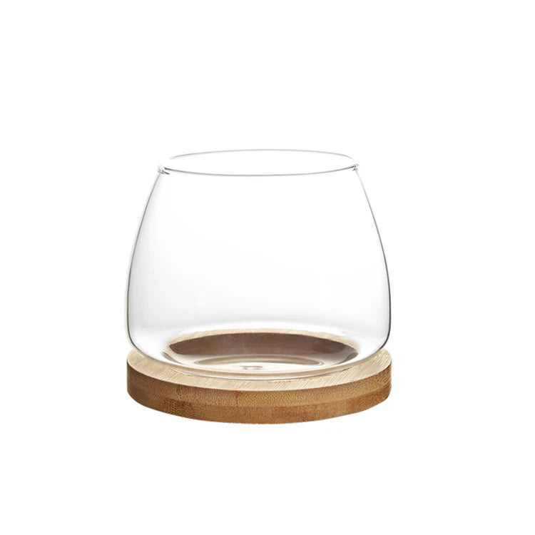 Hand Blown Small Glass Fish Bowl Vase with Bamboo Wooden Base Holder