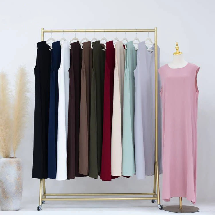 Wholesale Ramadan Dubai Tunic Modest Plain Inner Slip Dress Sleeveless Wrinkle Muslim Women Abaya Jazz Crepe Inner Slip Dress