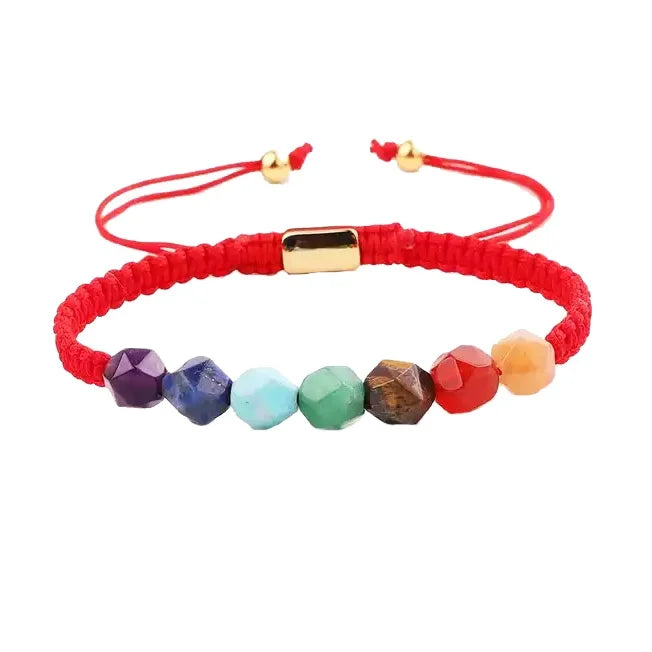 High Quality New Design Natural Stone 7 Chakra Stone Braided Red Cord Macrame Bracelet Yoga Custom Logo JBS11721